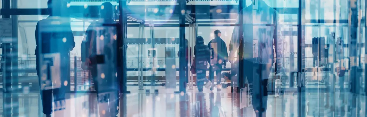 Business people walking in modern office building, double exposure