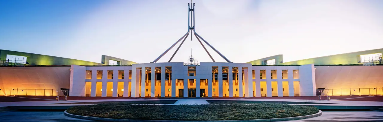 Canberra Australian Parliament House illuminated at Twilight. Capital Hill, Canberra, Australia