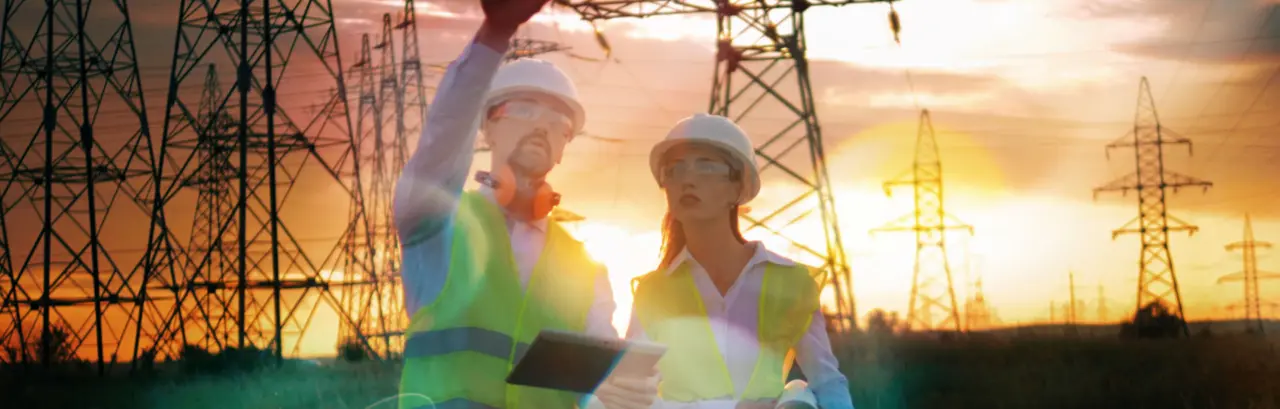 Two engineers in protective equipment, one holding a tablet, are looking at power lines.