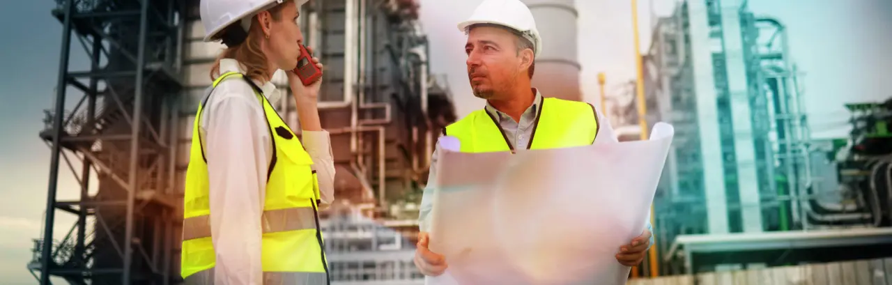 A pair of maintenance engineers, equipped with toolboxes and blueprints, at a thermal power plant.