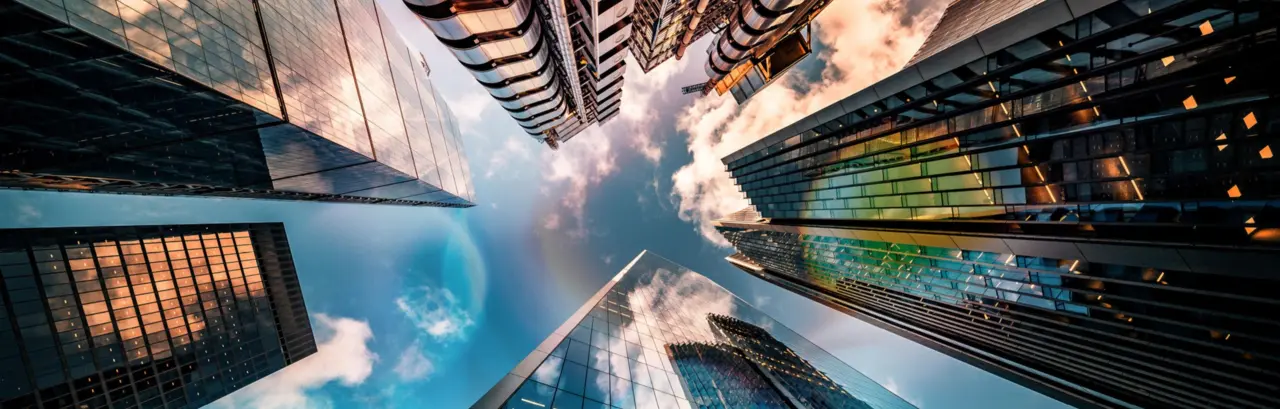 wide angle view up towards the sky in the financial district of London City