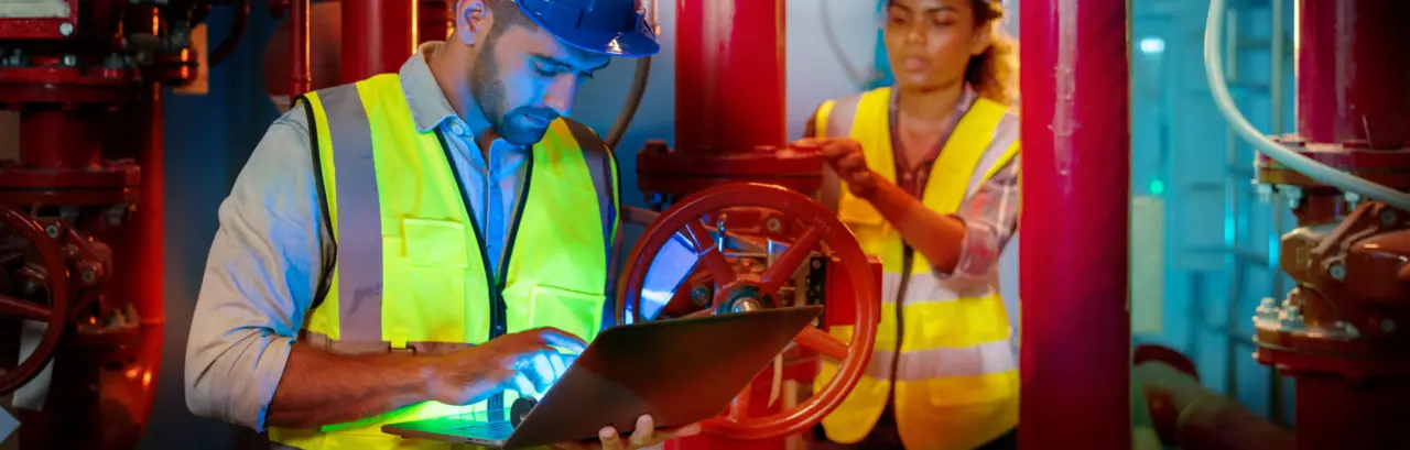 Engineer use laptop to inspection pipeline and valve of service water supply in fire riser room