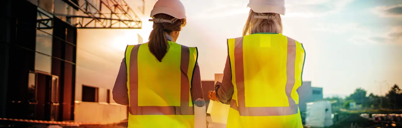 Two women, both in hard hats, walk side by side in front of a building