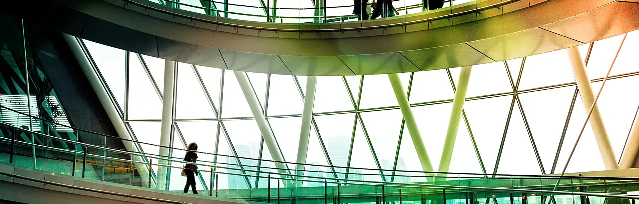 Horizontal color image depicting ultra modern contemporary interior architecture in City Hal
