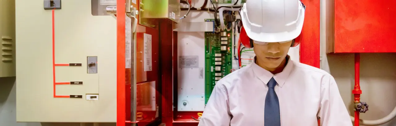 Engineer checking Industrial fire control system. Fire Alarm ready In the event of a fire.