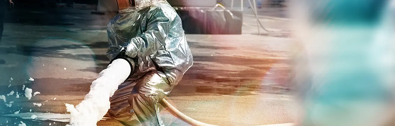 Save Download Preview Firefighter in action spraying fire with firefighting foam
