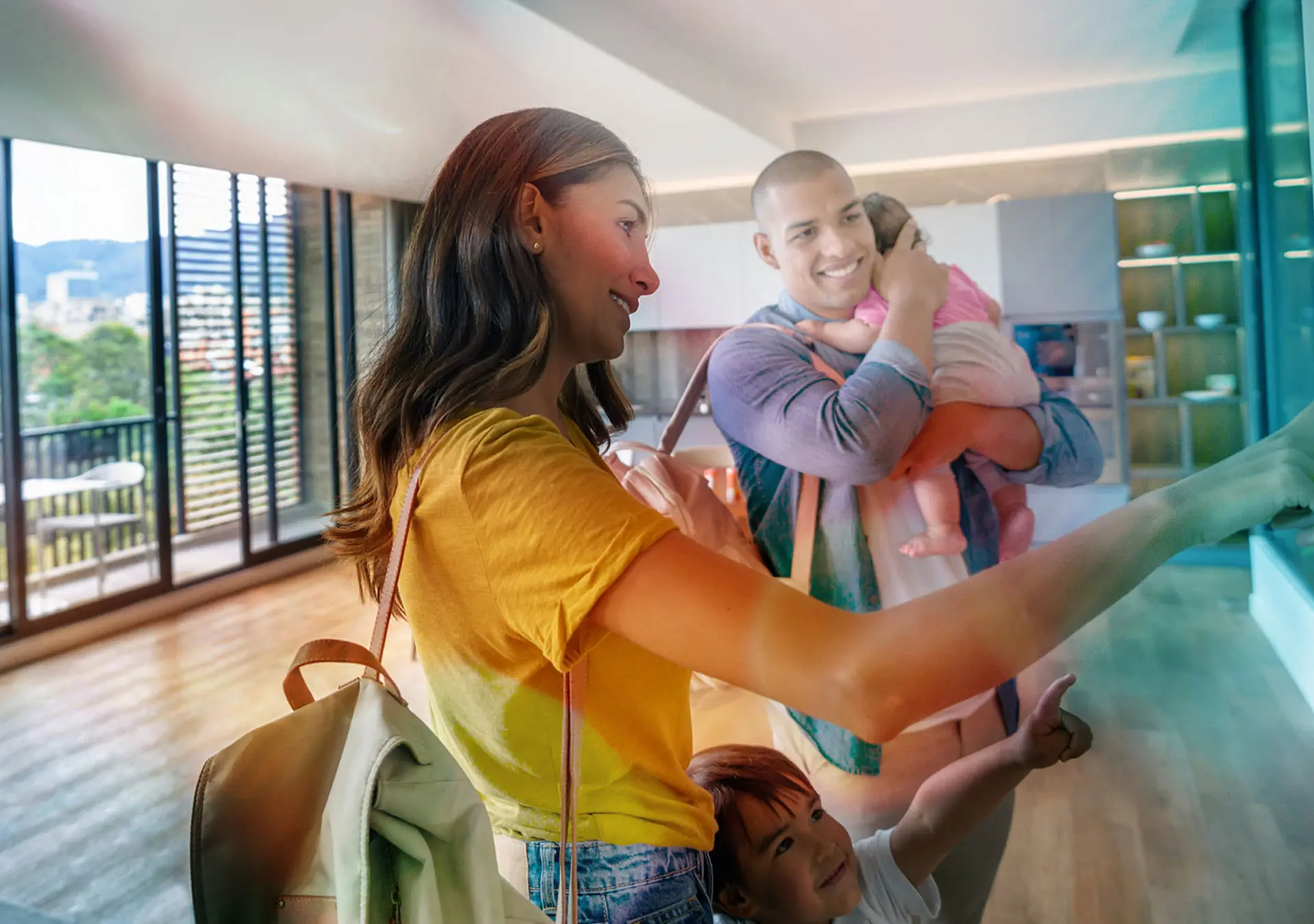 Happy family leaving the house locking the door using automated security system - smart home