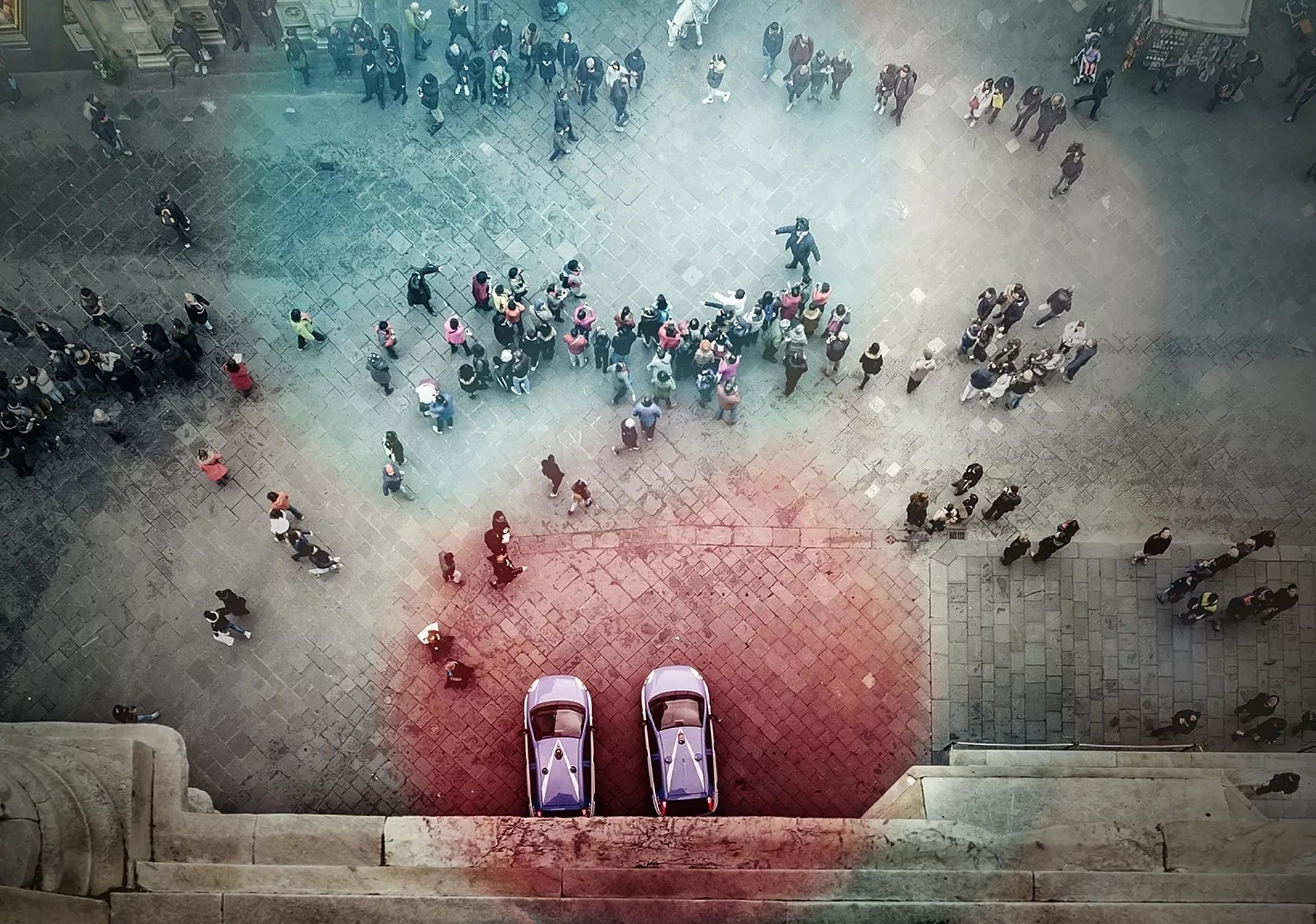 Florence tourists and police cars from Giotto's bell tower seen from above