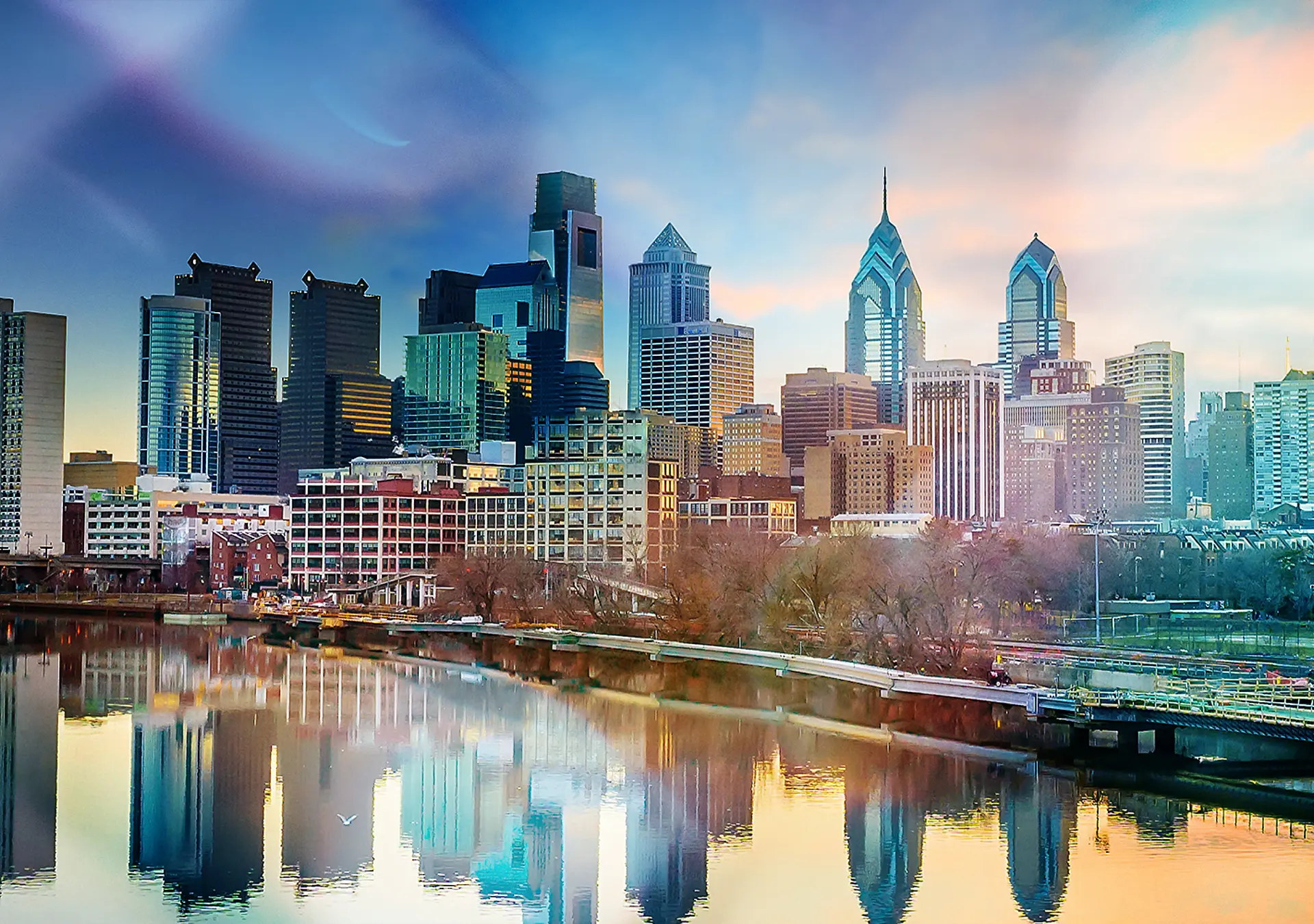 Skyline view of Philadelphia, Pennsylvania at sunset.