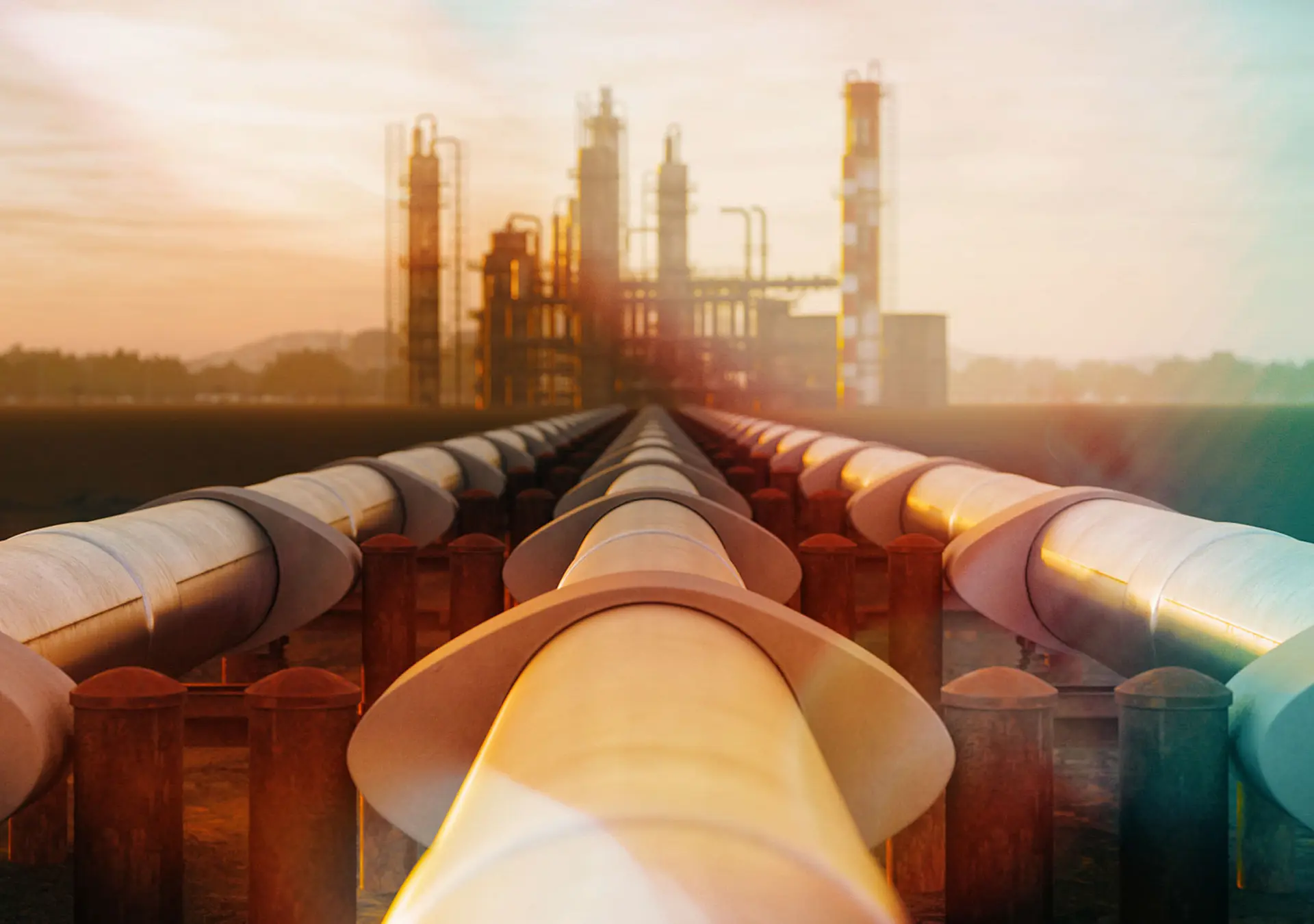 Steel oil pipes from refinery in the desert during sunset.