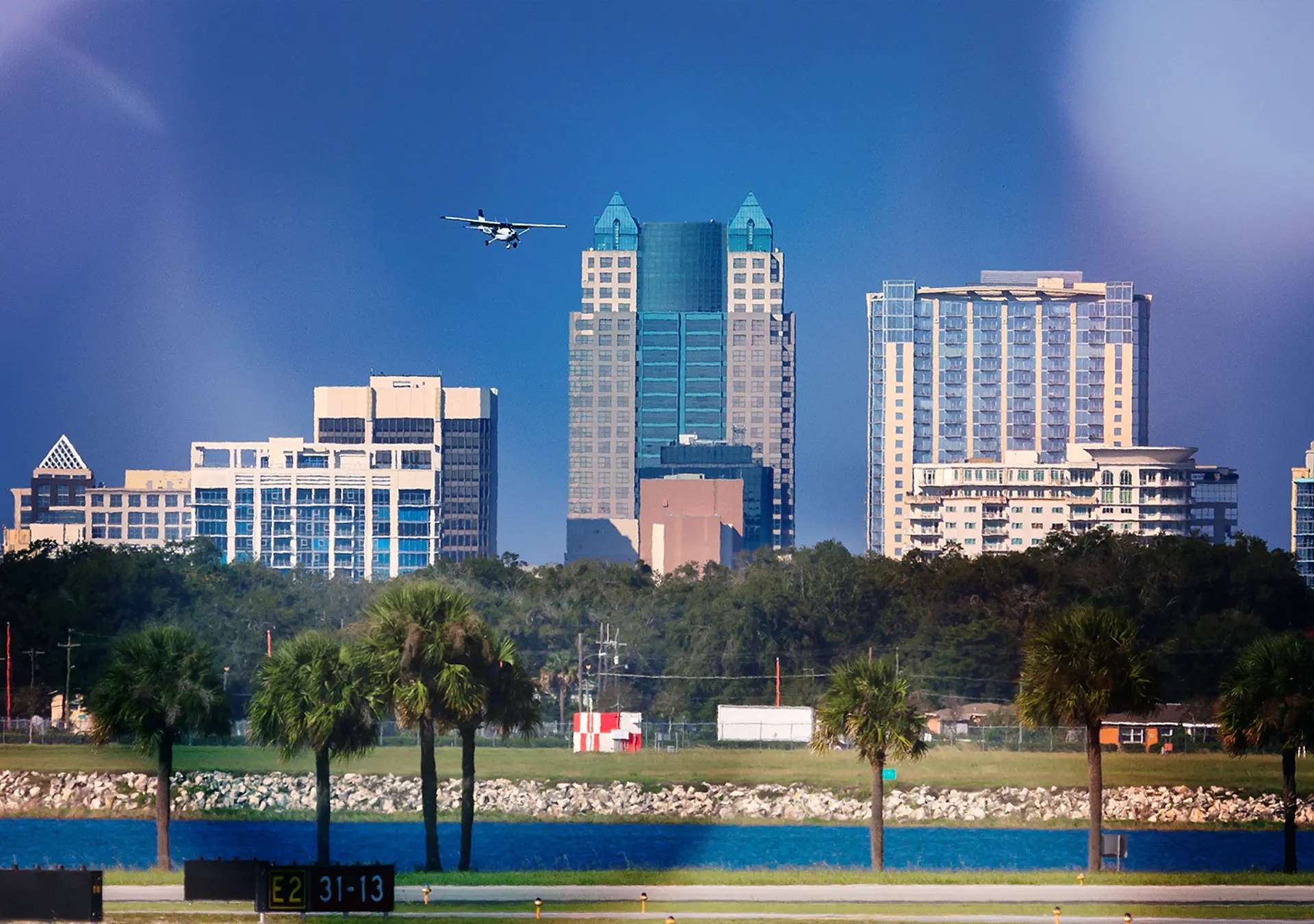 Clear blue sky with a view of the Orlando International Airport.