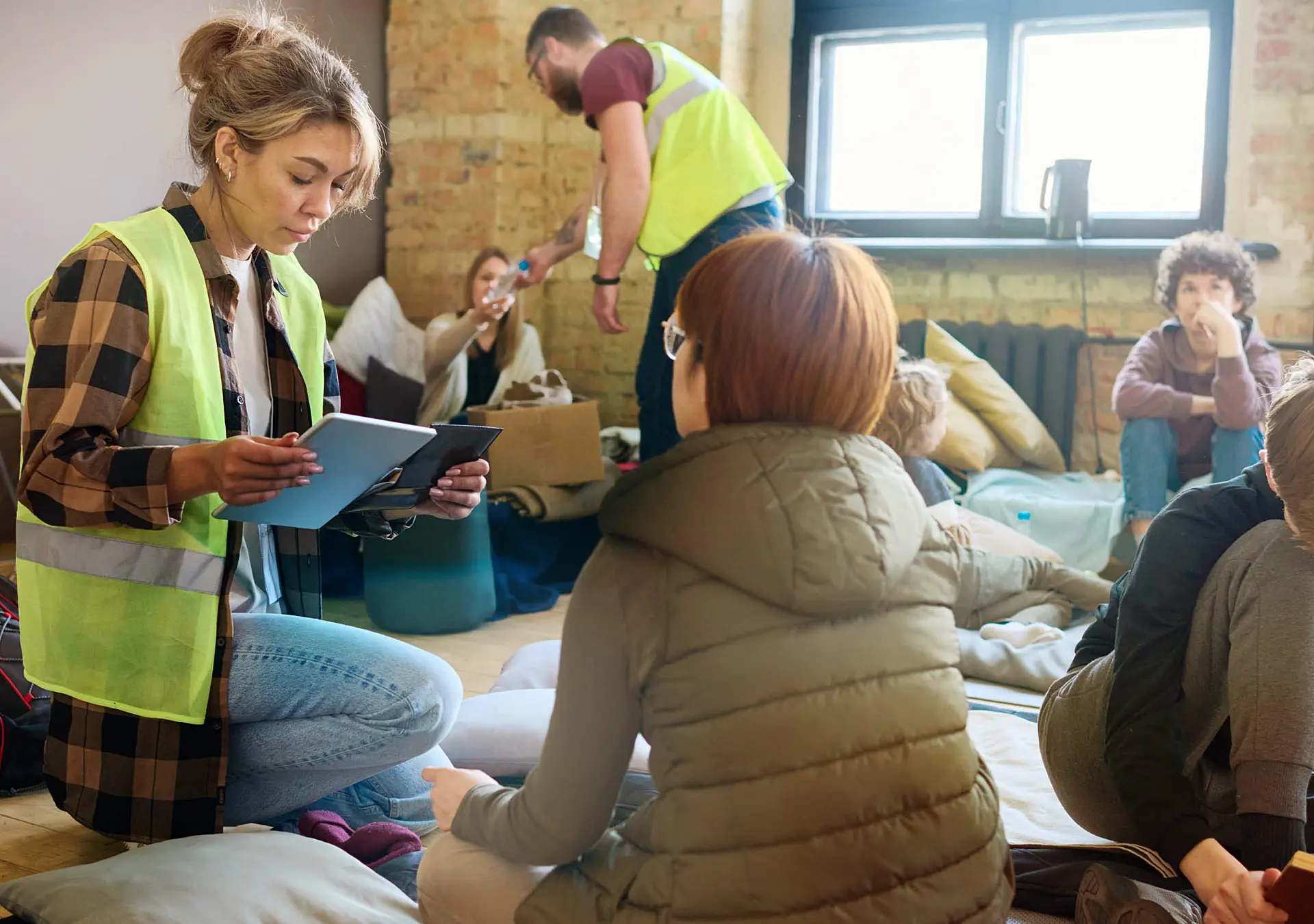 Female volunteer with mobile gadgets sitting on squats in front of refugee