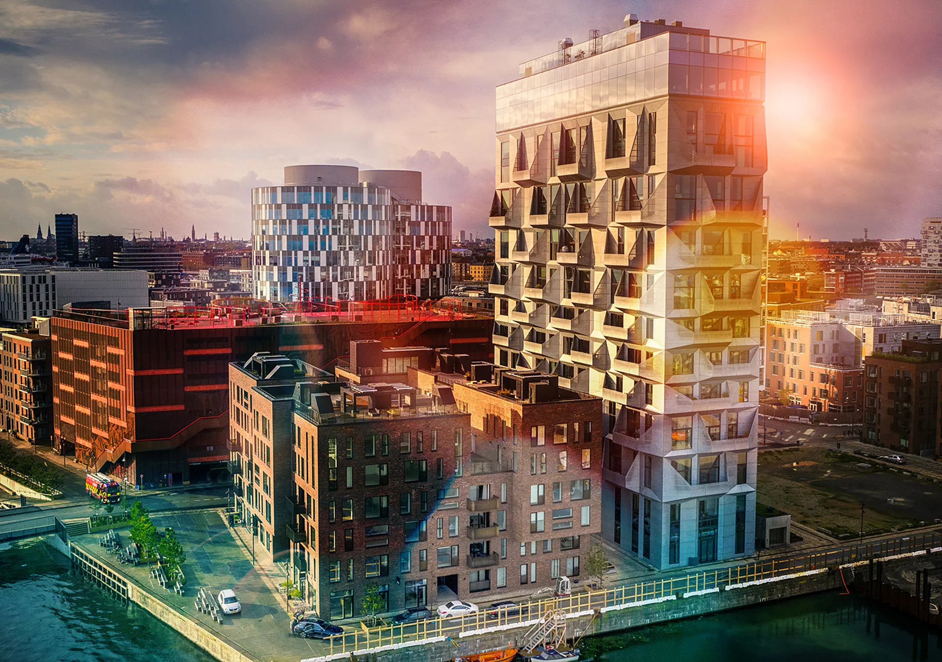 Copenhagen cityscape with contemporary office buildings and residental flats