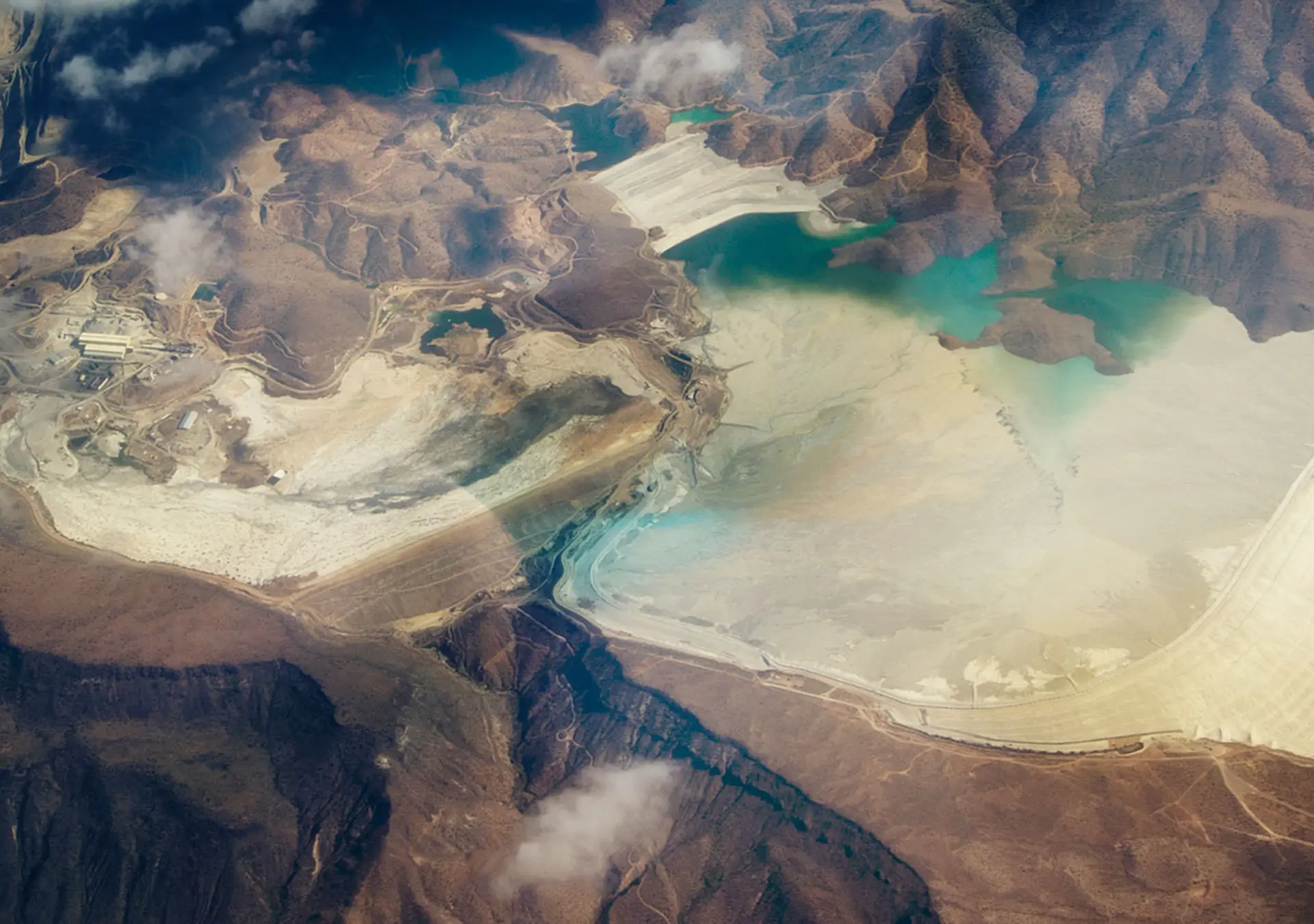 Aerial view of mine tailings from the Bagdad Mine, an open pit copper mine in Bagdad, Arizona, USA.