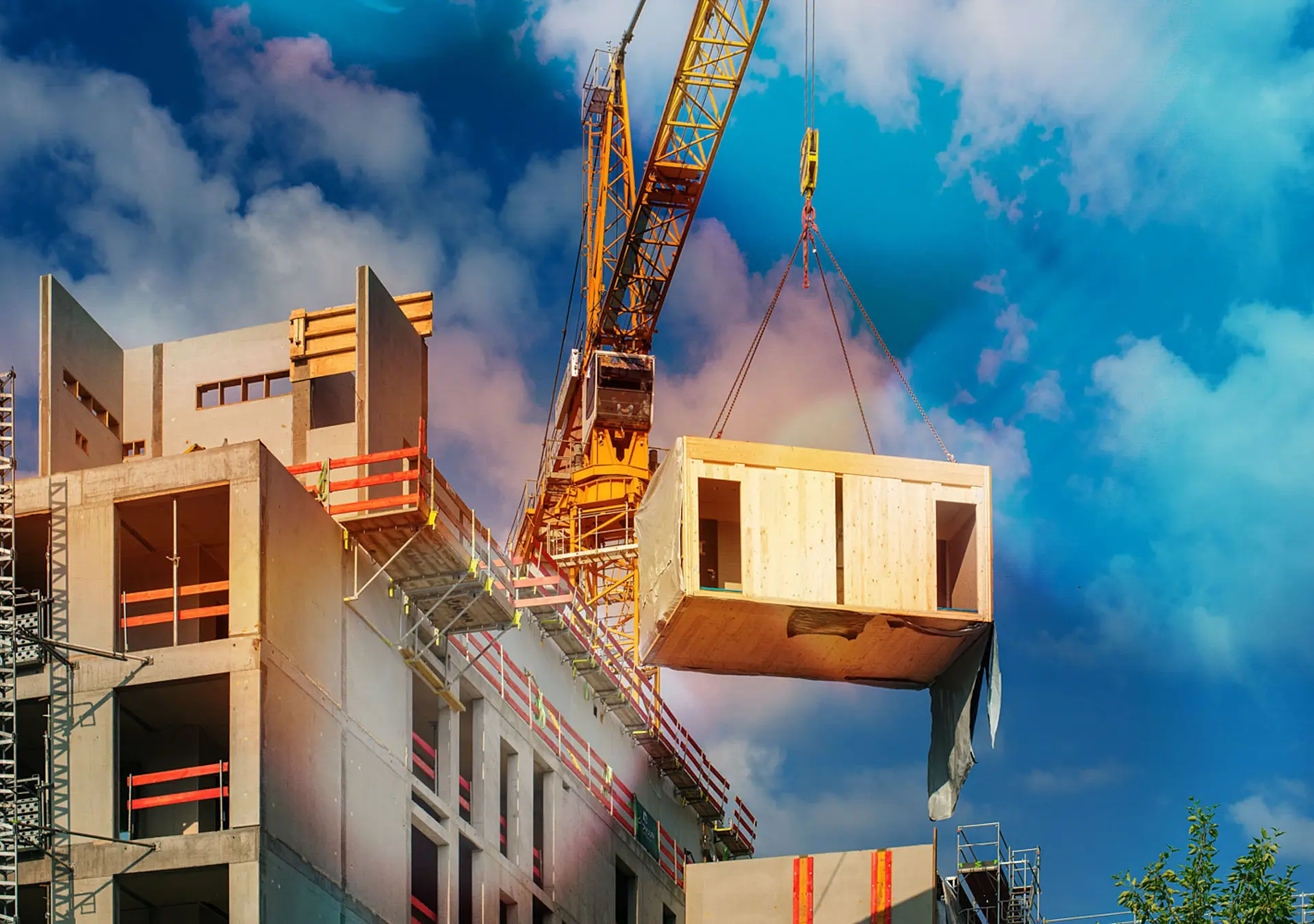 Construction site of an office building in Berlin using modular timber construction. 