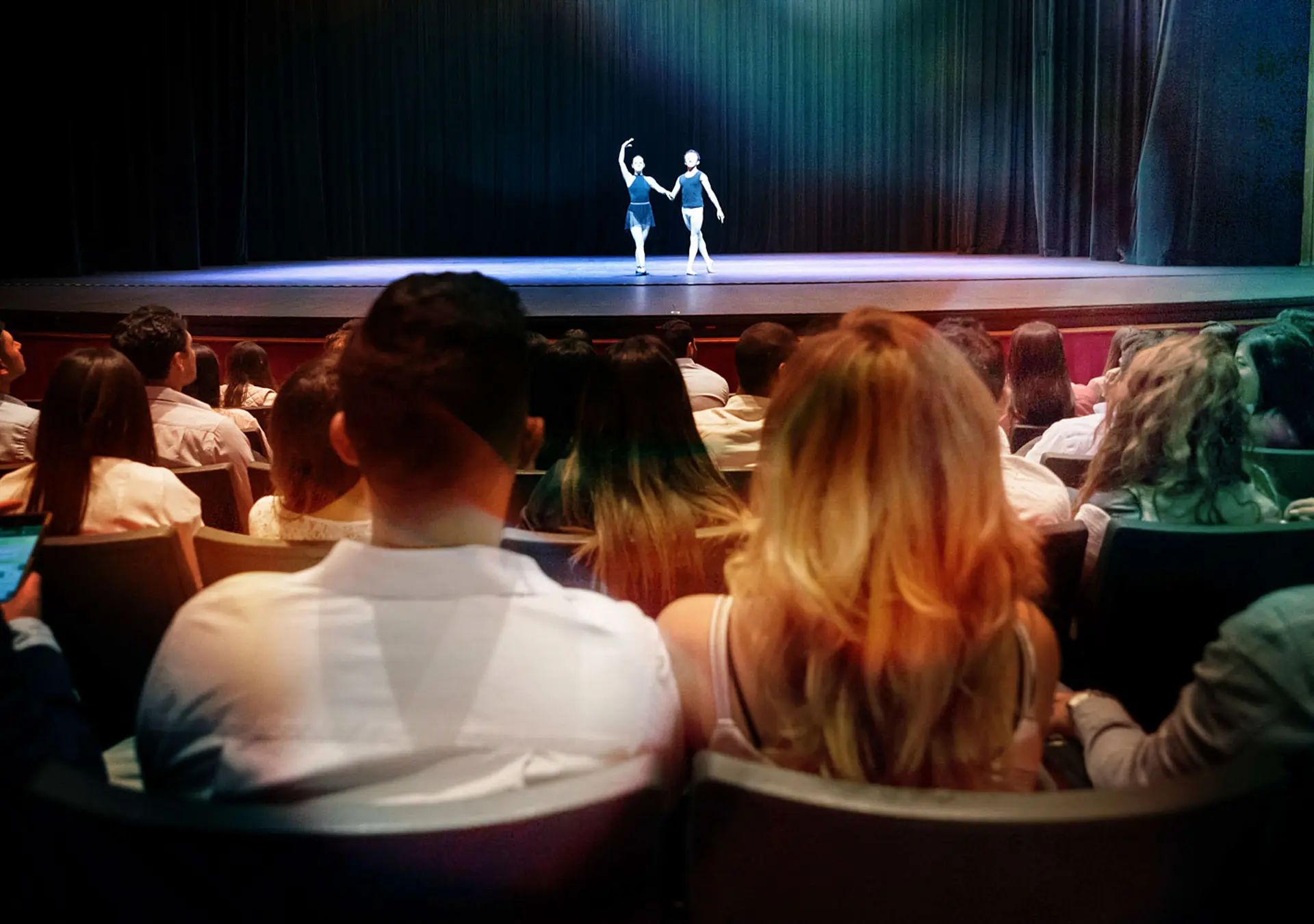 People at a theater looking at a dress rehearsal of ballet performing arts