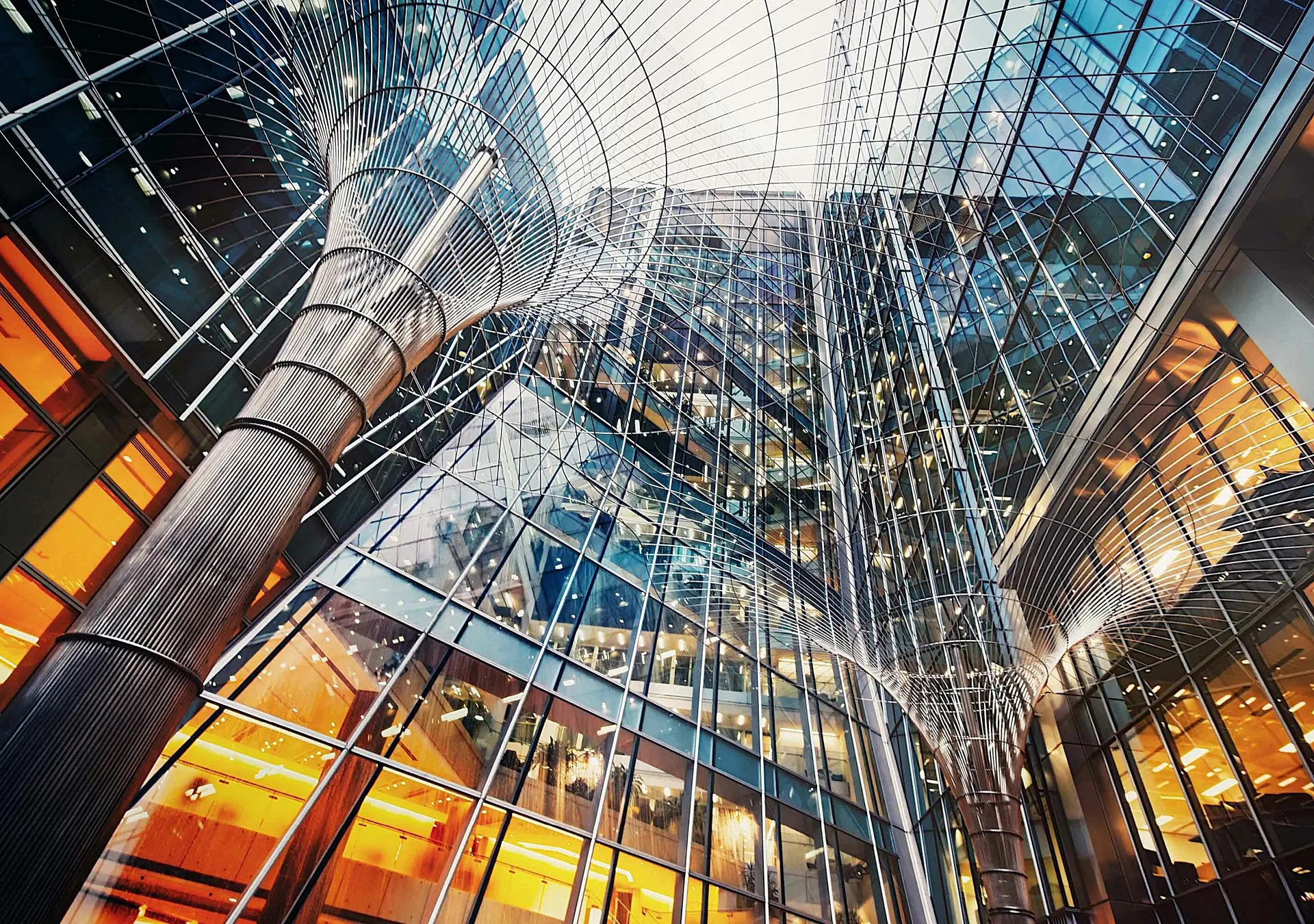 Illuminated office buildings at Canary Wharf, London