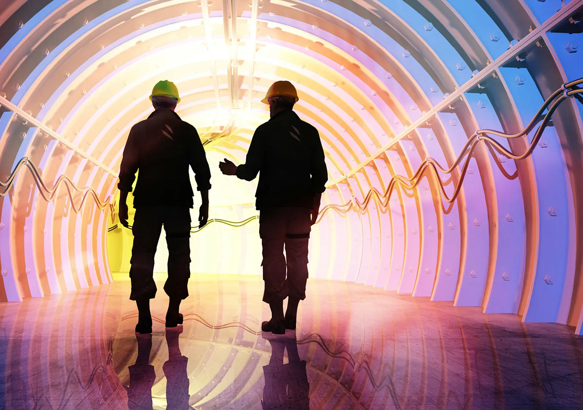 Silhouette of workers in the tunnels.
