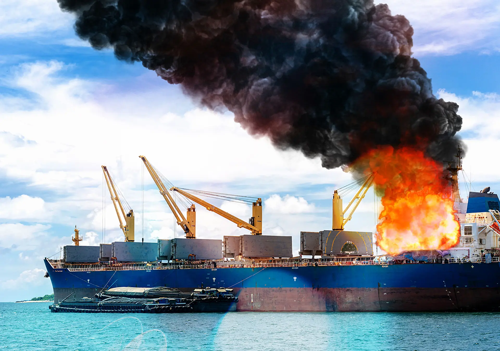 Large general cargo ship on fire and lots of smoke out at sea on a bright day