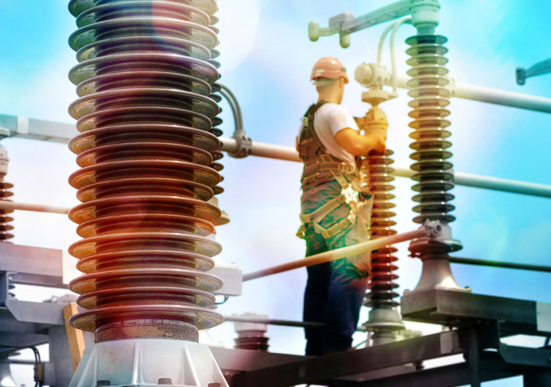 Construction worker with hadhat, protective workwear and safety belt working in power plant.