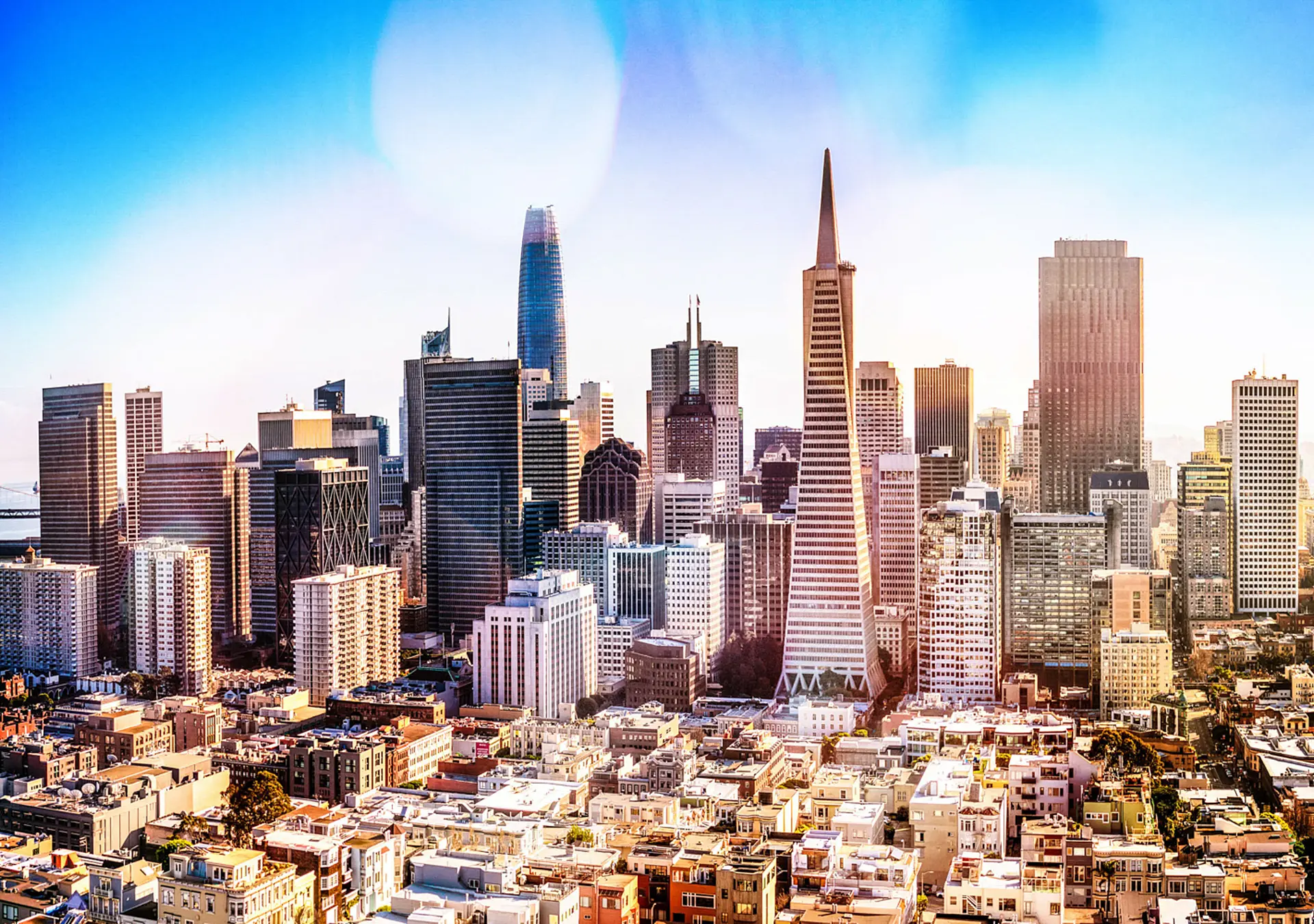 A high angle view of San Francisco's business district on a sunny day.