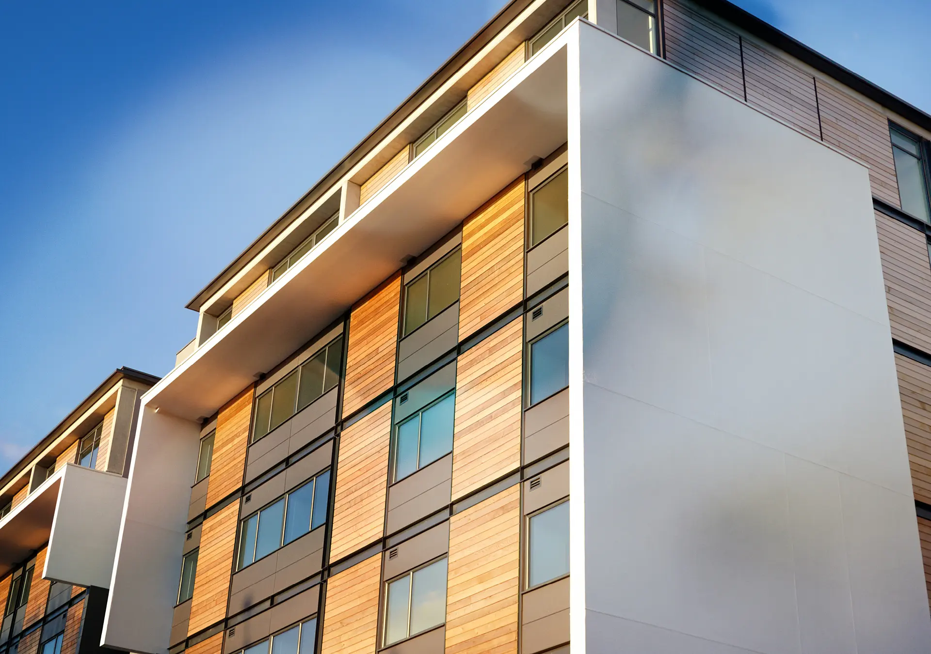 Residential Apartment with wood panels and blue clear sky