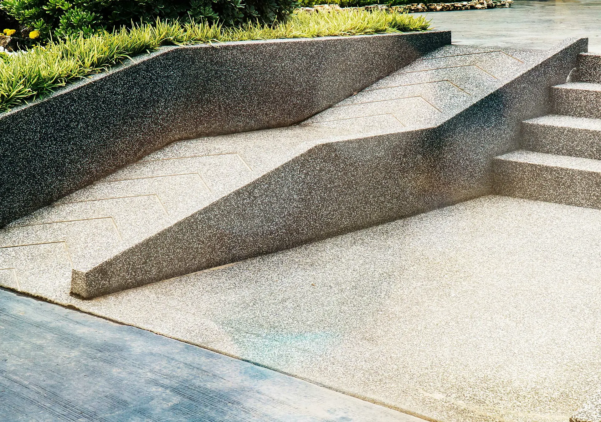 outdoor, concrete wheelchair ramp and stairs for people