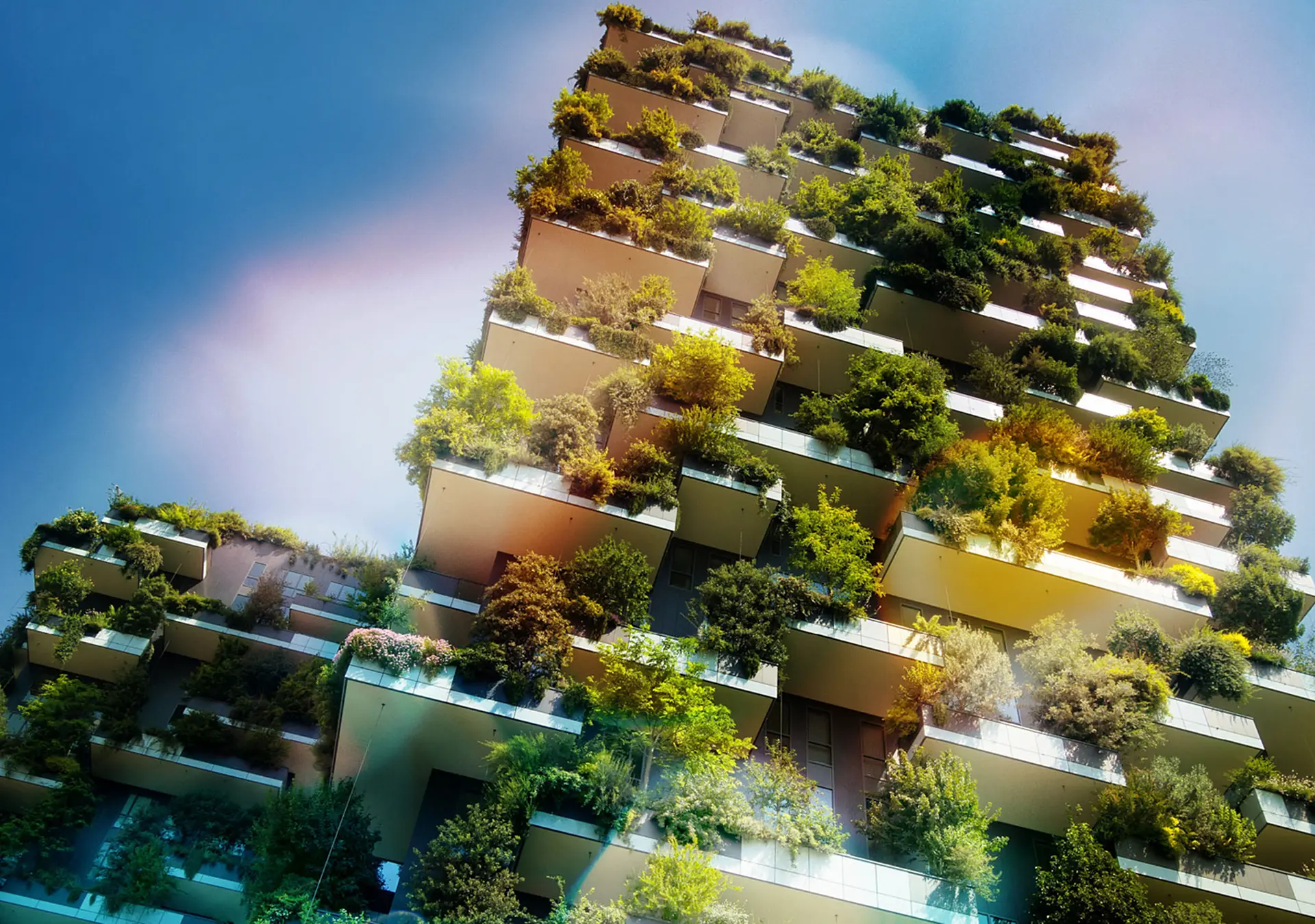 Sustainable green building, plants on building balconies