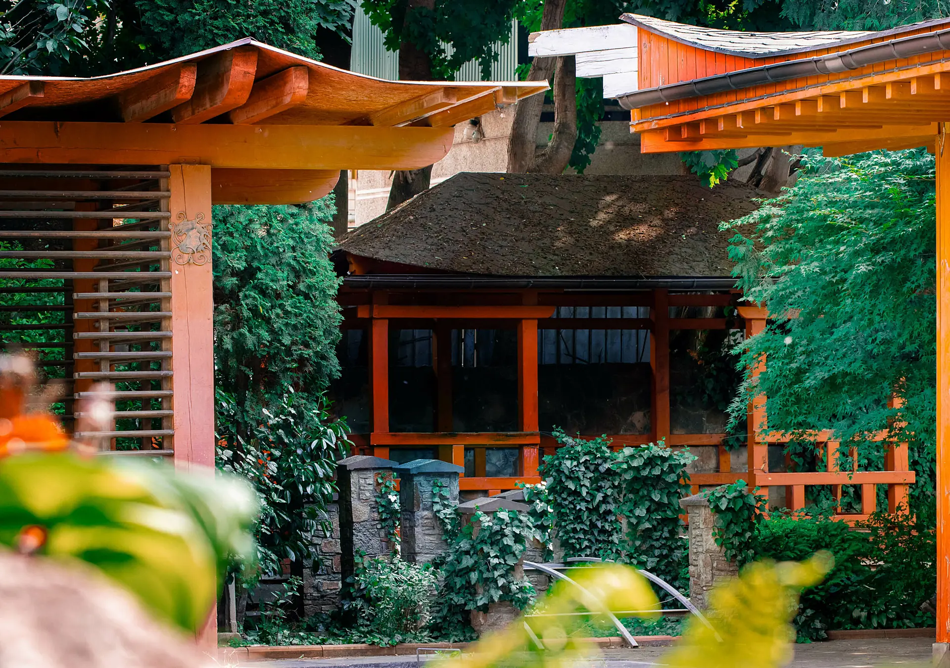 Outdoor garden at Japanese-style restaurant, landscaped design with bushes and red building