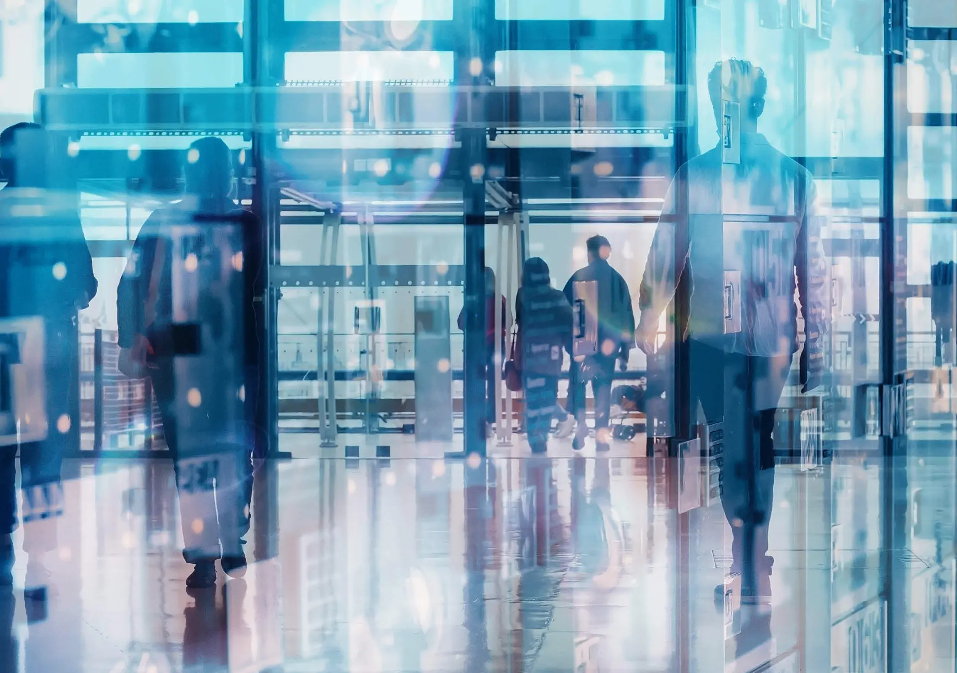 Business people walking in modern office building, double exposure