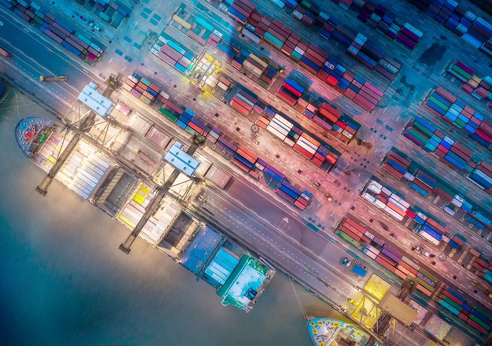 Overhead shot of a cargo ship at a port