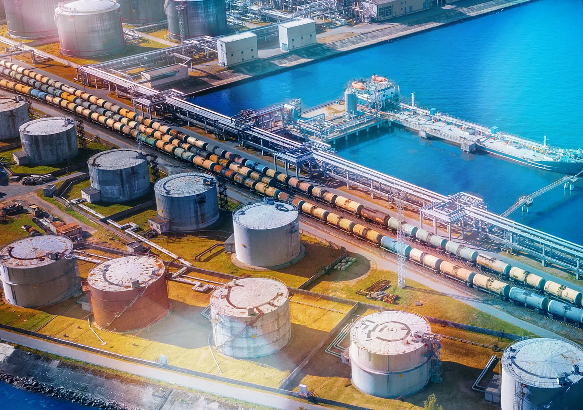 Aerial view large port oil loading terminal with large storage tanks and a railway