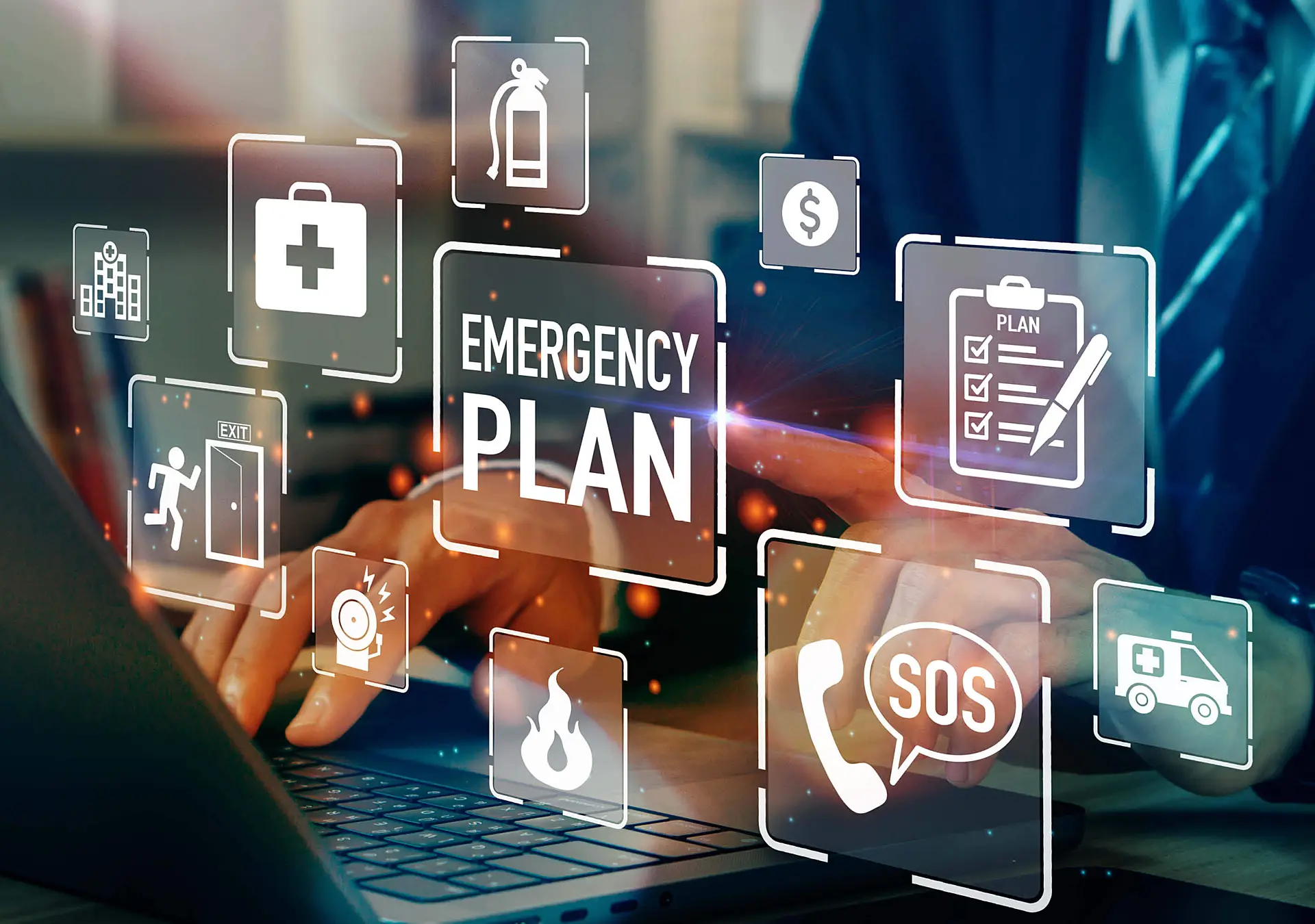Businessman touching Emergency Plan icon to learn and prepare in emergency situation