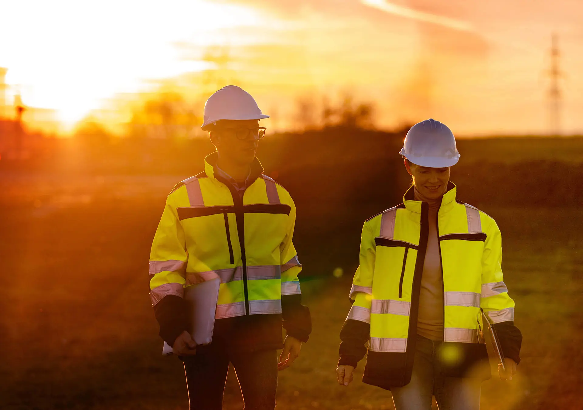 Two engineers discussing while walking on rural field during sunset