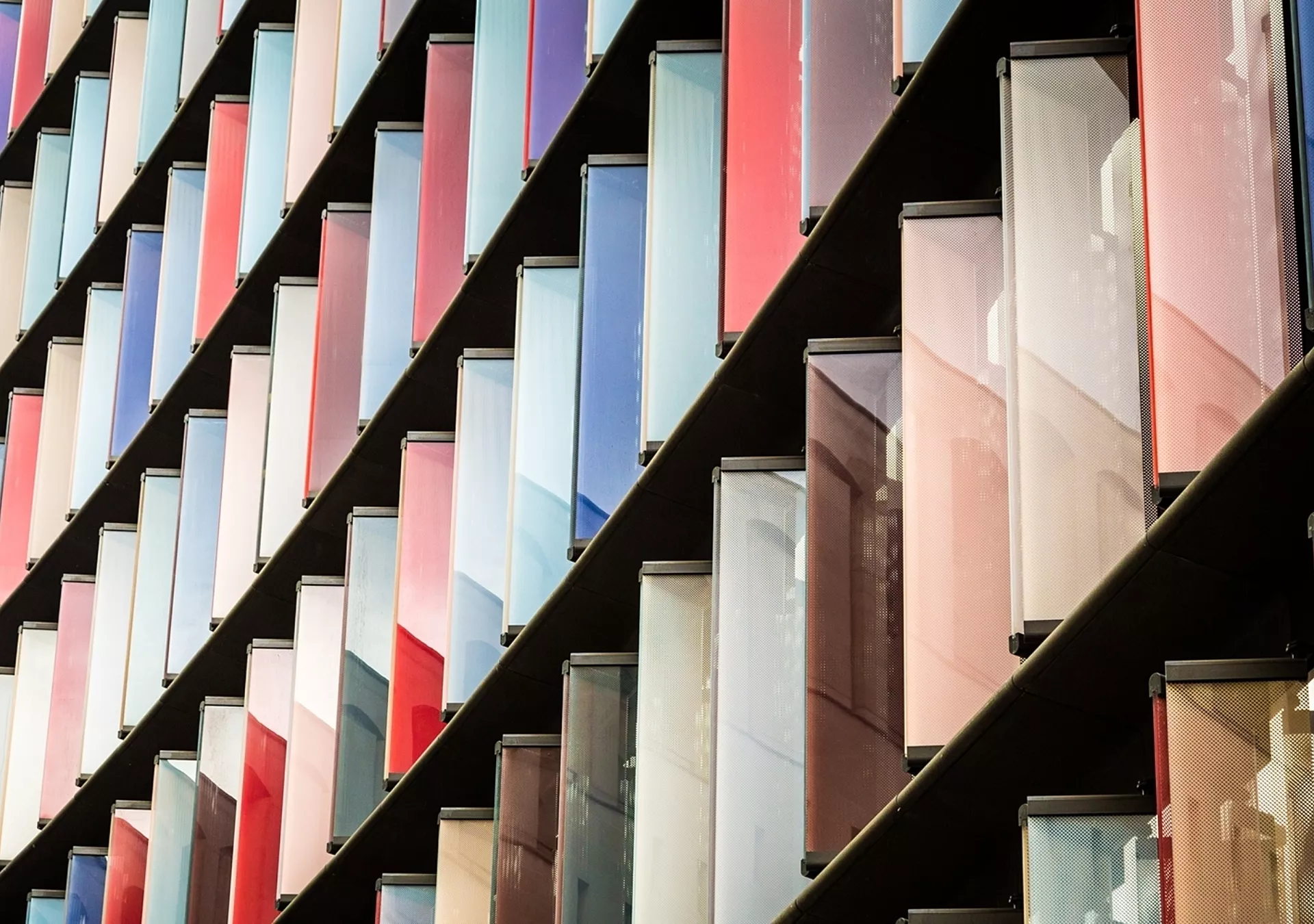 Abstract color image depicting ultra modern architecture with a facade of multi colored panels