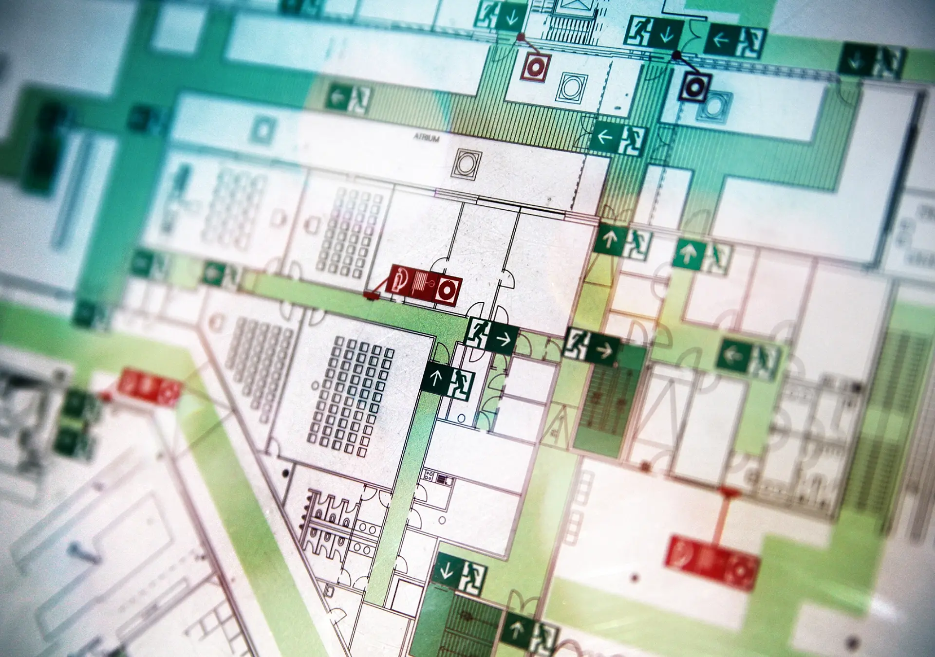 macro crop shot of evacuation plan with emergency exits