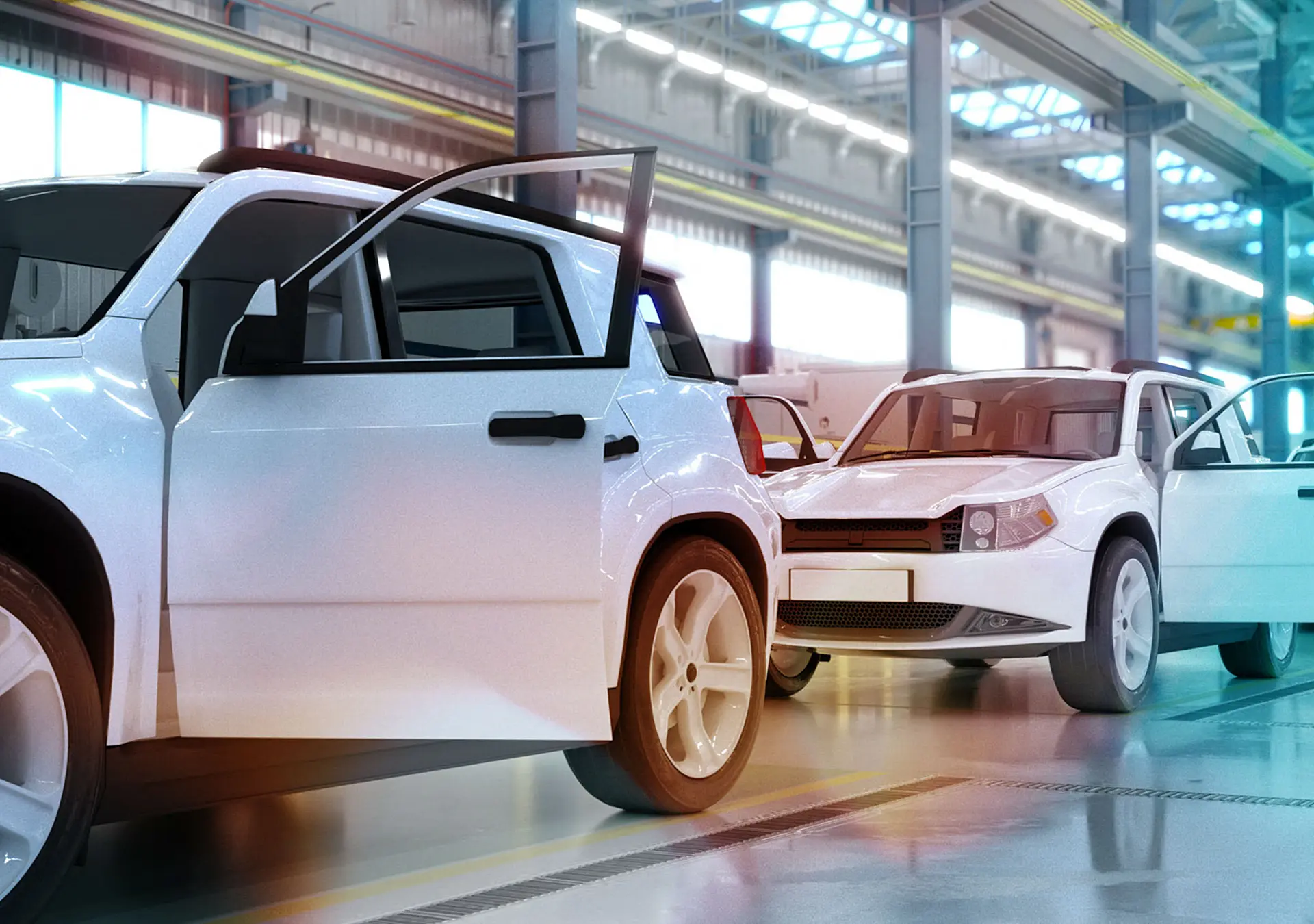 3D illustration of production line of cars