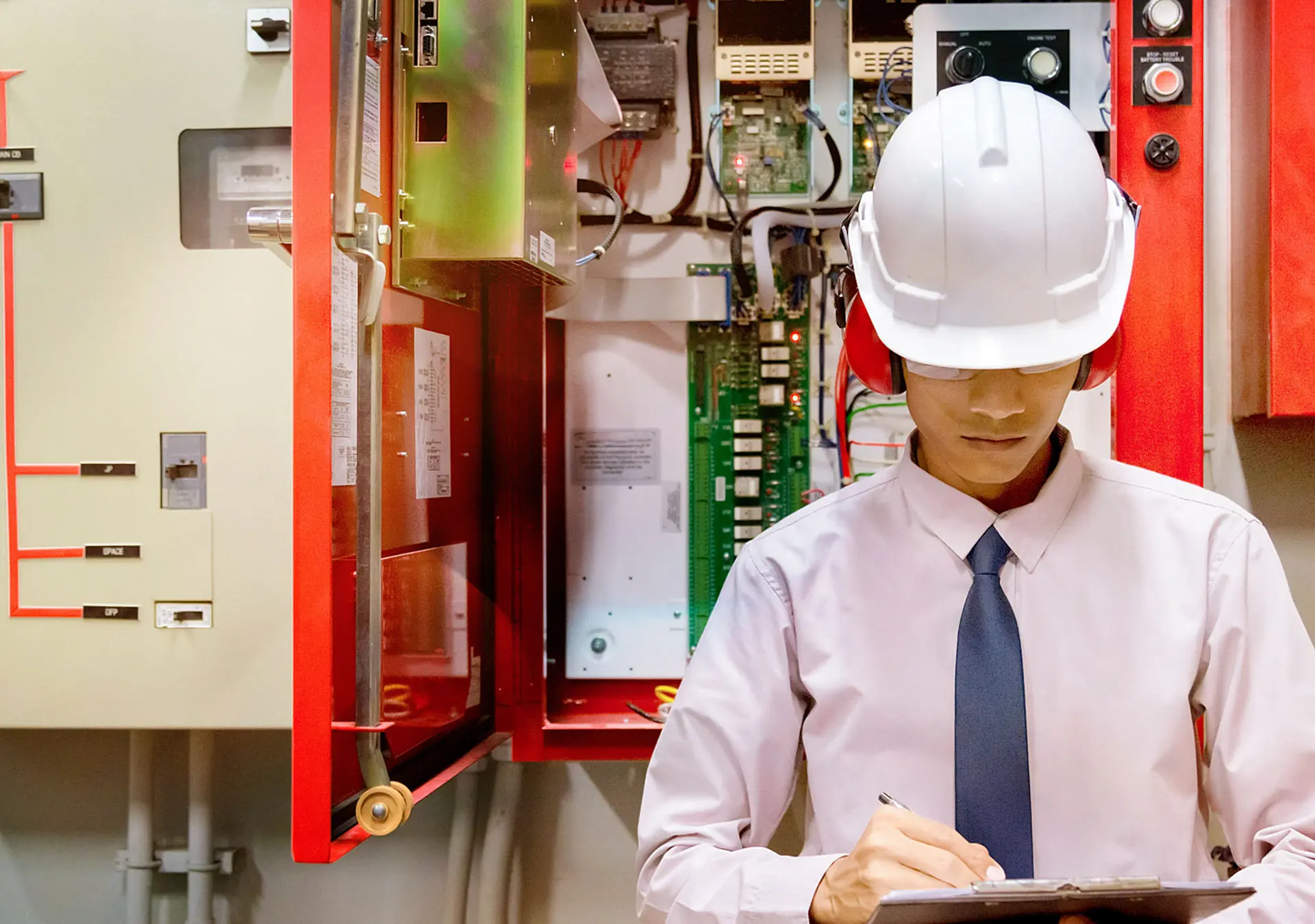 Engineer checking Industrial fire control system. Fire Alarm ready In the event of a fire.