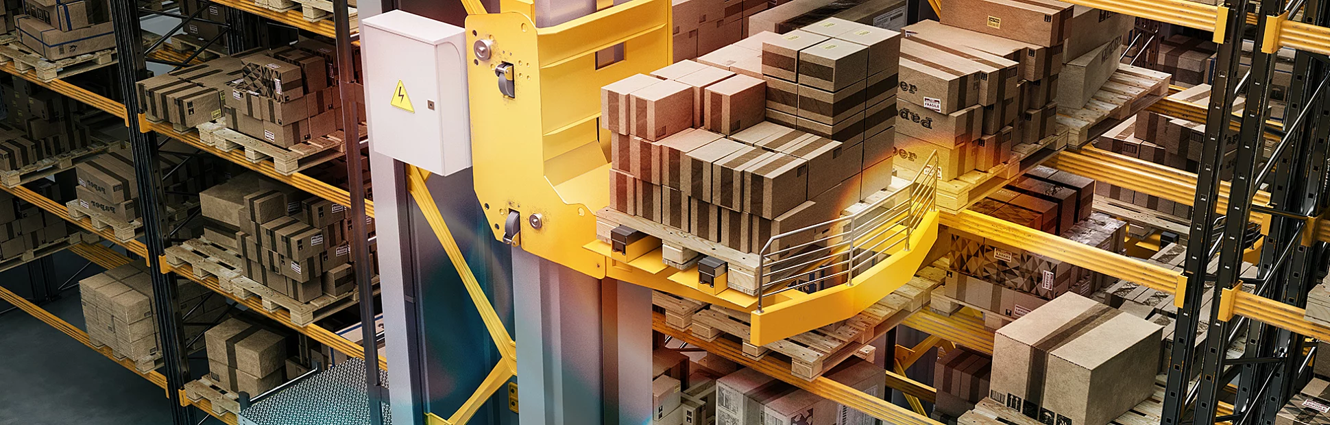 Computer-generated image of automated warehouse elevator moving and arranging cardboard boxes