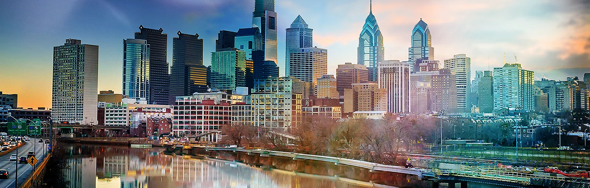 Skyline view of Philadelphia, Pennsylvania at sunset.