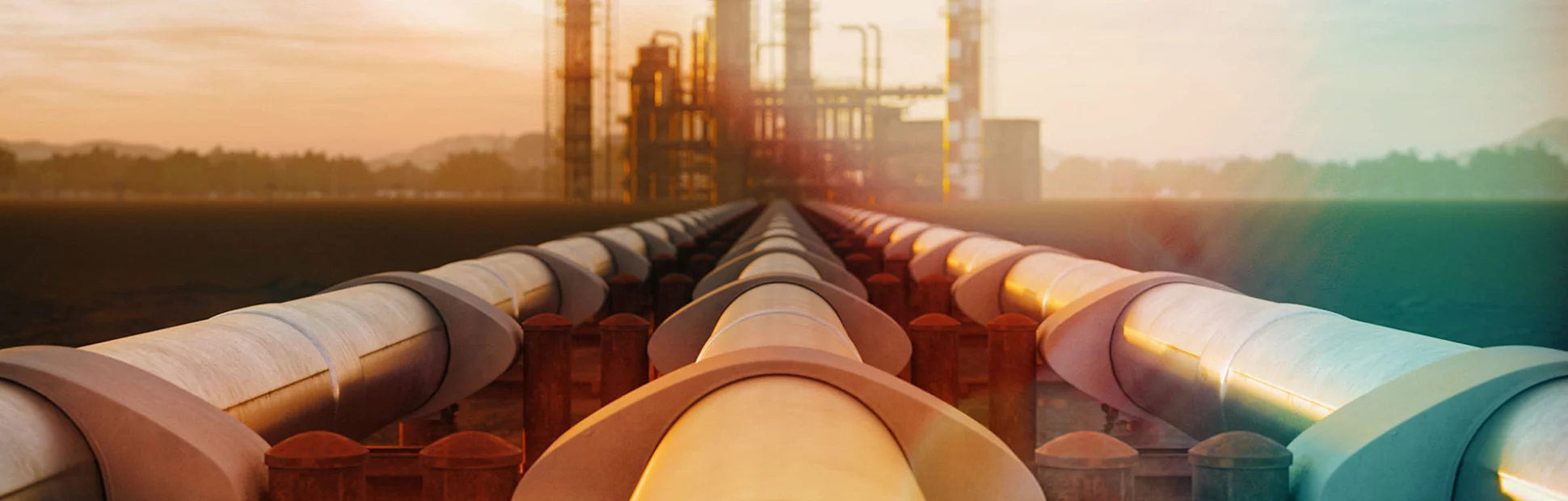 Steel oil pipes from refinery in the desert during sunset.
