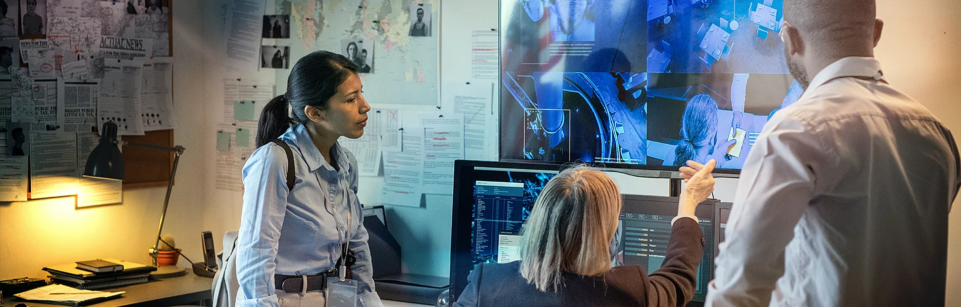 Head of safeguard department and her subordinates looking at security camera on a large screen