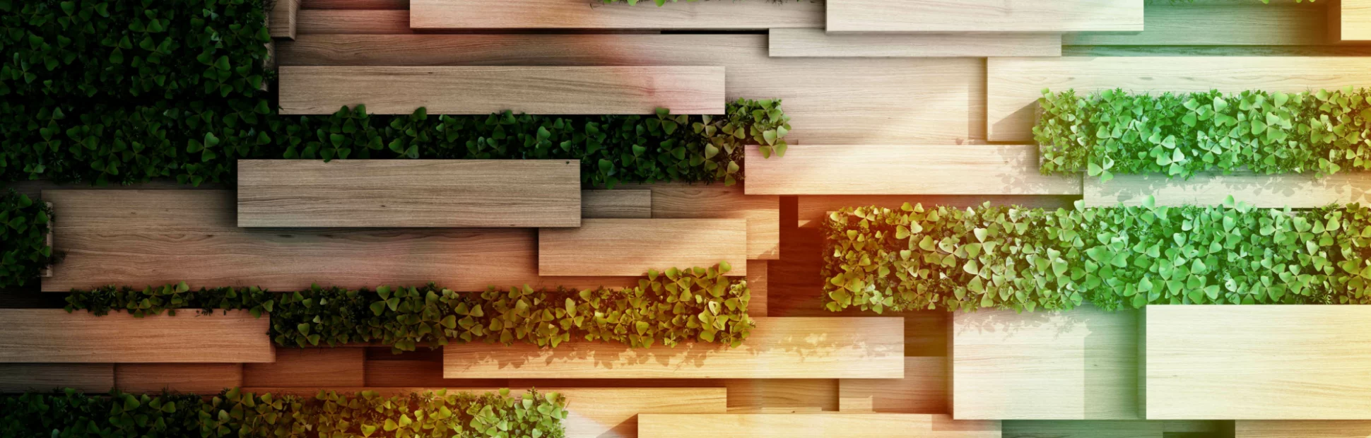 Wall in modern interior with wooden blocks and vertical garden