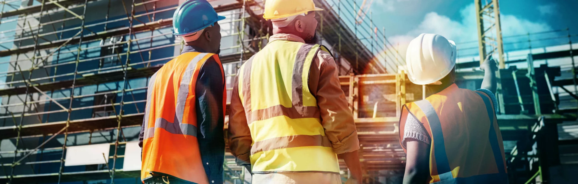 Three construction workers looking at the progress of their construction project