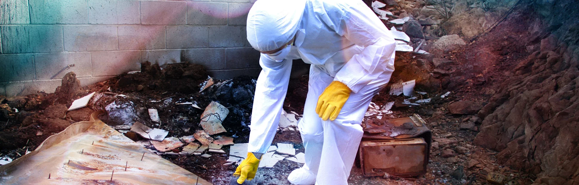 Man in Hazmat Suit Picking Through Wildfire Rubble