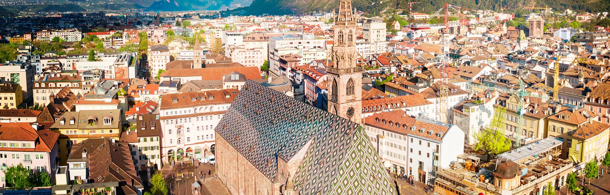 Bolzano Cathedral aerial panoramic view, located in Bolzano city in South Tyrol, Italy