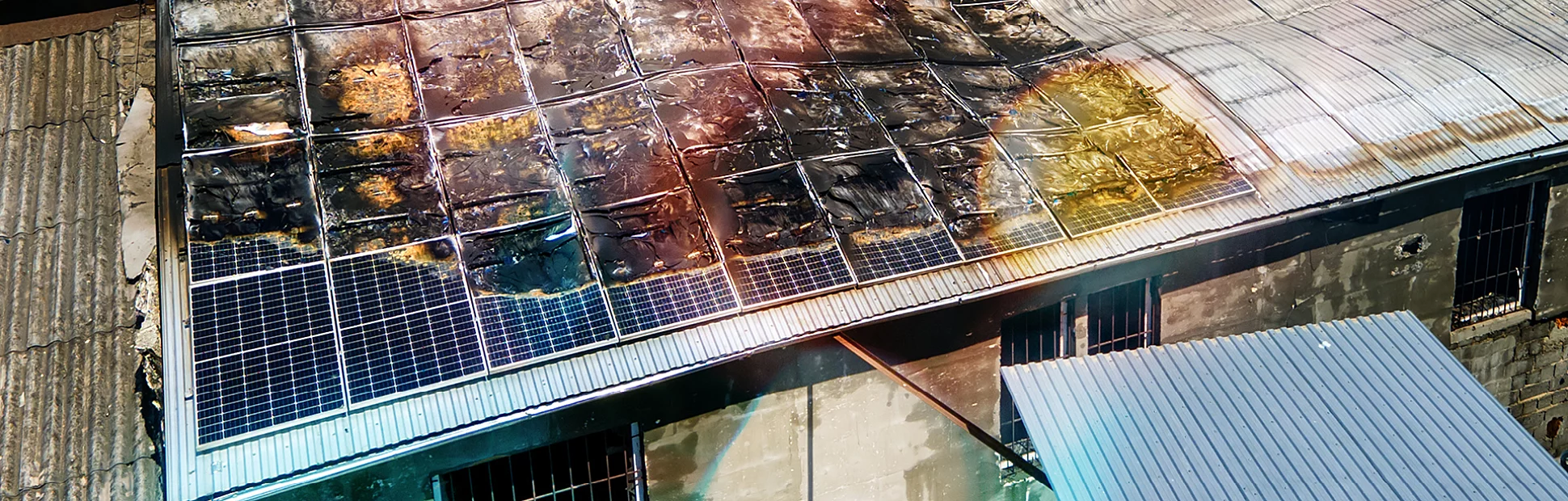 Aerial view of ruined building on fire with collapsed roof and rising dark smoke