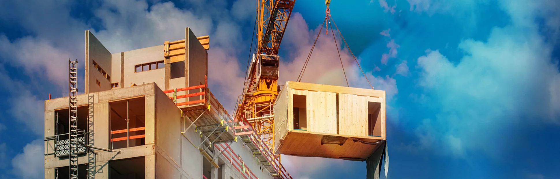 Construction site of an office building in Berlin using modular timber construction. 