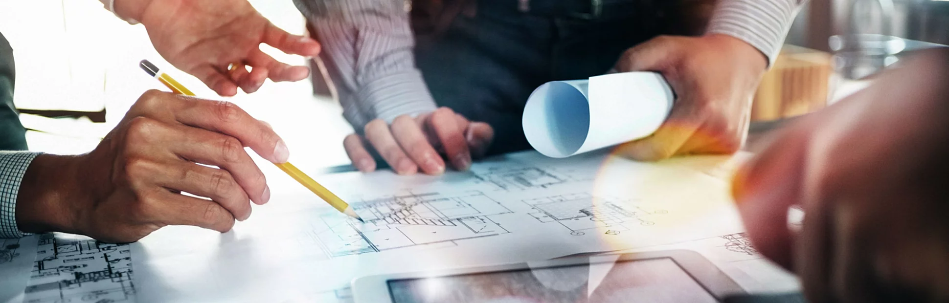 Interior architecture discussing with blueprint, Engineering Concept.