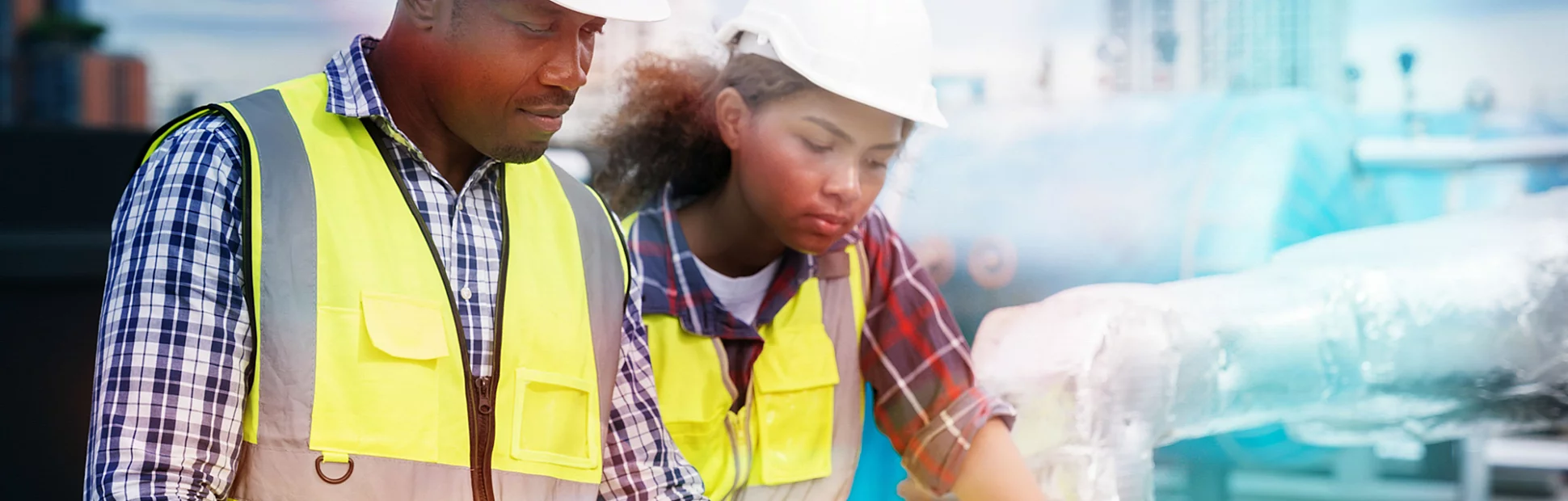 Two engineers working with a construction model building blueprint at a construction site